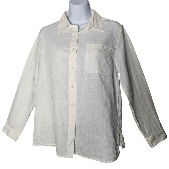 L.L. Bean Tops - L.L.Bean Womens M Petite 100% Linen White Button Down Shirt Coastal Summer